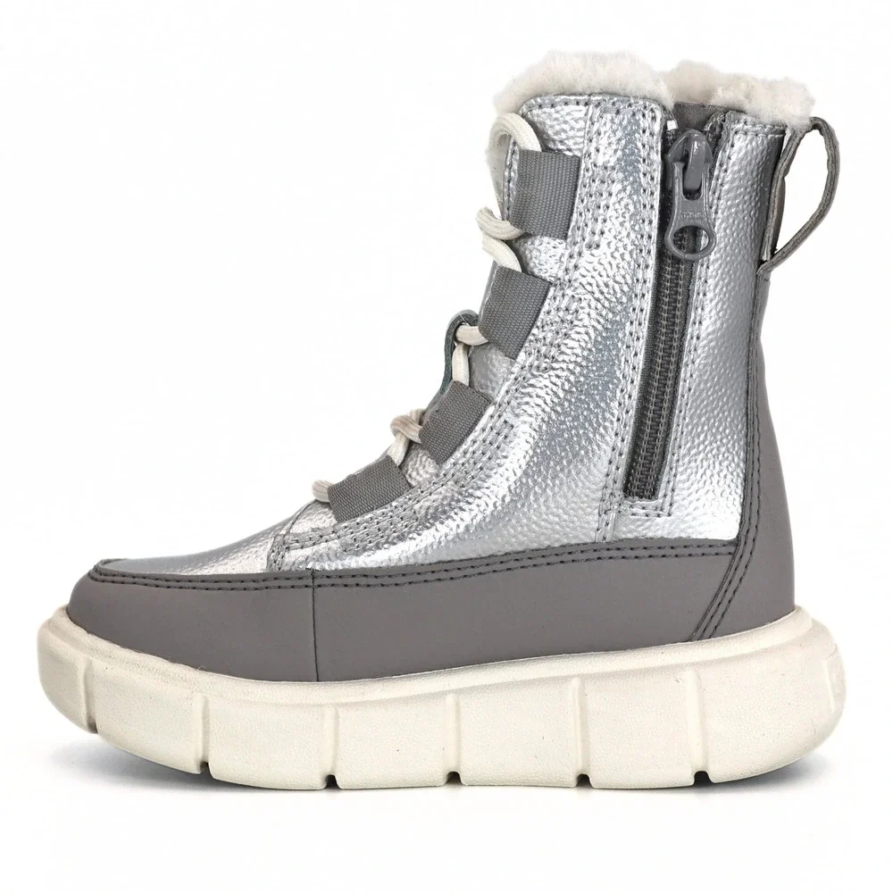 Sorel Explorer II Joan Kids 8 Silver Metallic Waterproof Faux Fur Winter Boots